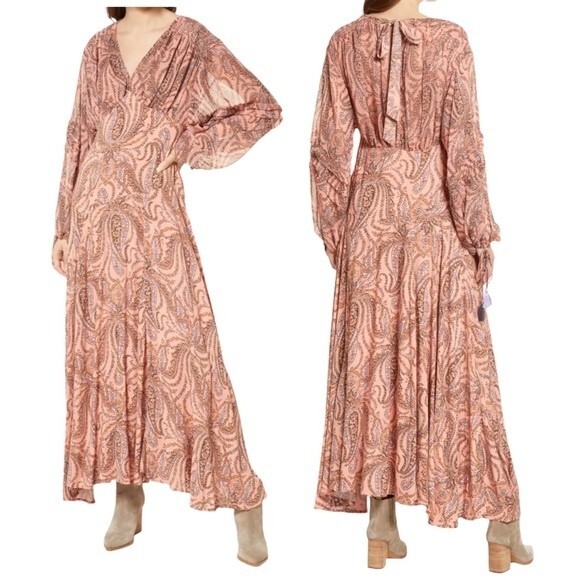 NWT Free People Mirage Maxi Dress Long Sleeve Flowy Boho Peach Combo Size 2 NEW - Picture 16 of 16
